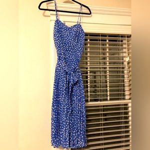 Blue and white pleated midi dress